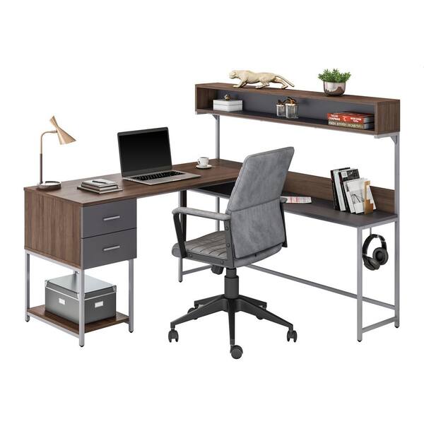 Techni Mobili Reversible L-Shape Computer Desk with Drawers and File Cabinet, Walnut