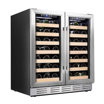 30 in. Wine Cooler 66 Bottle Dual Zone Built-in and Freestanding with Stainless Steel and Glass French-Door Style