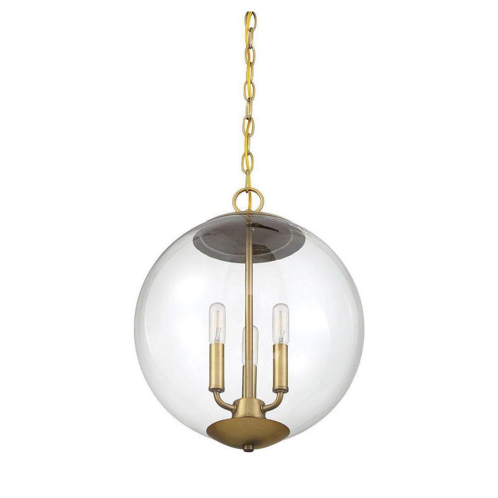 Contemporary Clear Glass Globe 3-Light Pendant in Natural Brass