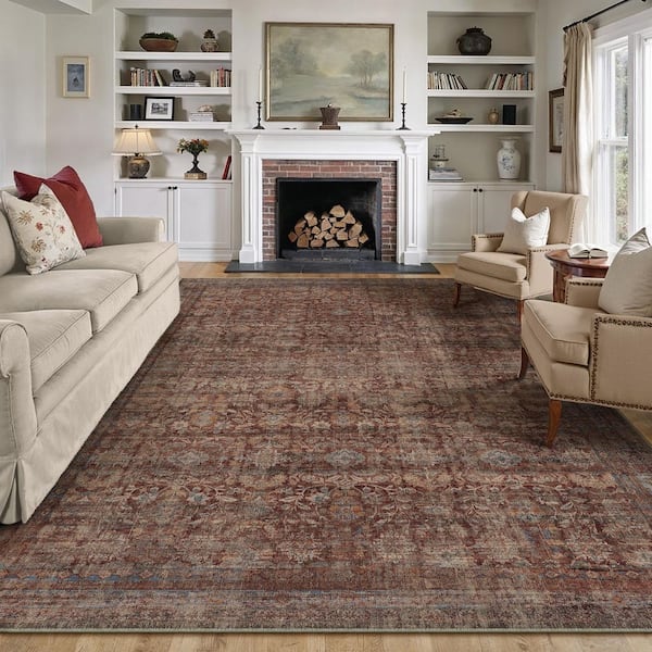 Solo 9 ft. X 12 ft. Red Distressed Vintage Floral Area Rug