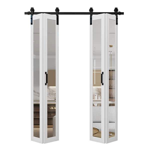 50 in. x 84 in. 1-Lite Mirrored Glass Solid Core White Finished Composite Bi-Fold Door with Bifold Barn Door Hardware