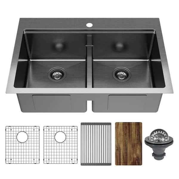 Elite 33 in. Top Mount 50/50 Double Bowl 16 Gauge Stainless Steel Workstation Kitchen Sink