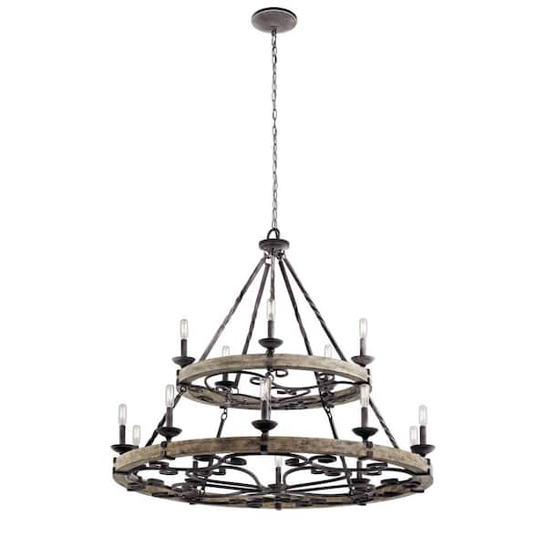 Taulbee 44 in. 15-Light Weathered Zinc 2-Tier Farmhouse Wagon Wheel Circle Chandelier for Dining Room