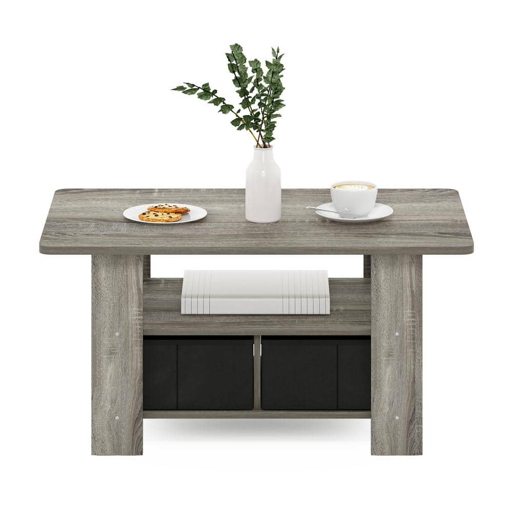 French Oak Gray and Black Wood Coffee Table with Storage Bins