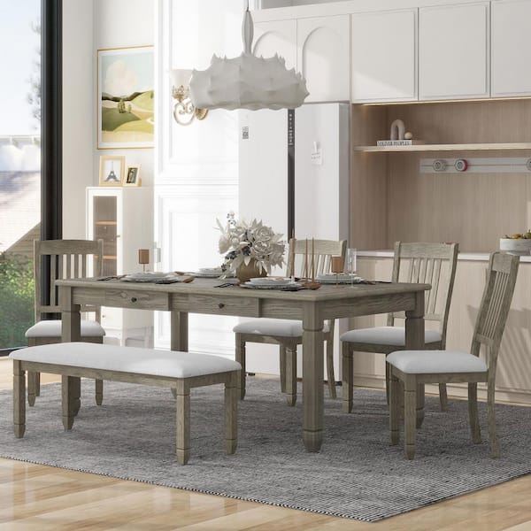 Harper & Bright Designs 6-Pcs Gray Retro Wood Rectangle Dining Set with 4 Drawers, 4 Upholstered Chairs and Bench