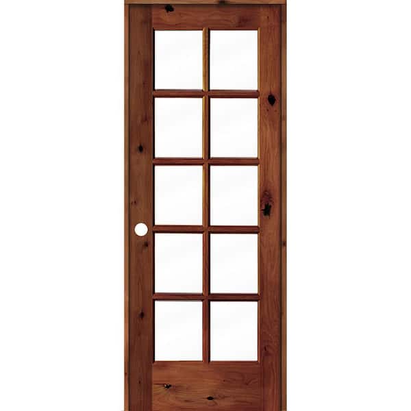 Krosswood Doors 30 in. x 80 in. Knotty Alder Right-Handed 10-Lite Clear Glass Red Chestnut Stain Wood Single Prehung Interior Door
