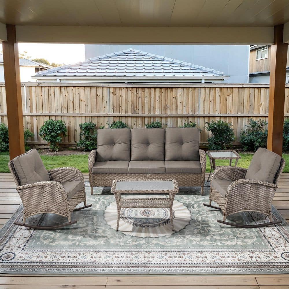 PlainCurve 5-Piece Gray Wicker Patio Conversation Set with Rocking Chairs and  Olefin Gray Cushions price history on PriceWatchPro