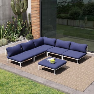 6-Piece Drawcord Metal Outdoor Sectional Set with Navy Blue Cushions