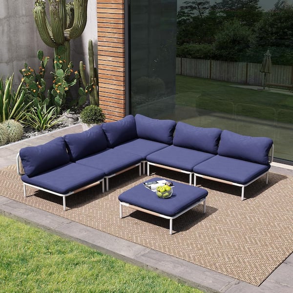 Crestlive Products 6-Piece Drawcord Metal Outdoor Sectional Set with Navy Blue Cushions