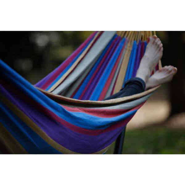 Hammock 9 ft Double Cotton Adjustable Hooks with Tri-beam Stand in Tropical 