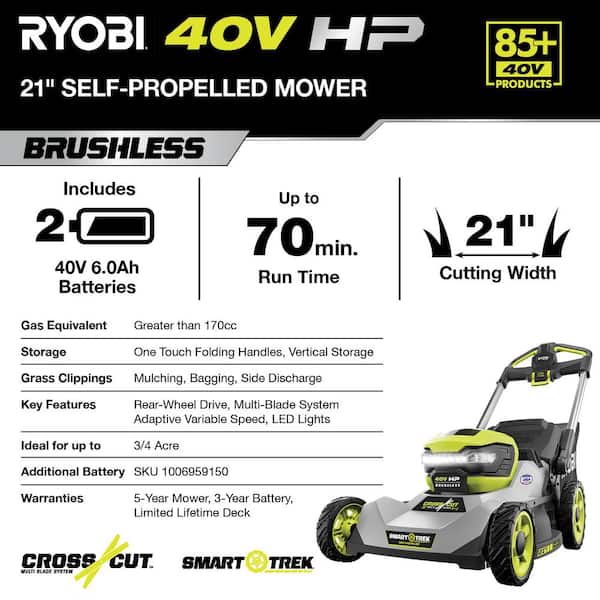 RYOBI 40V HP Brushless 21 in. Cordless Battery Walk Behind Multi-Blade Self- Propelled Mower - (2) 6.0 Ah Batteries & Charger RY401150 - The Home Depot