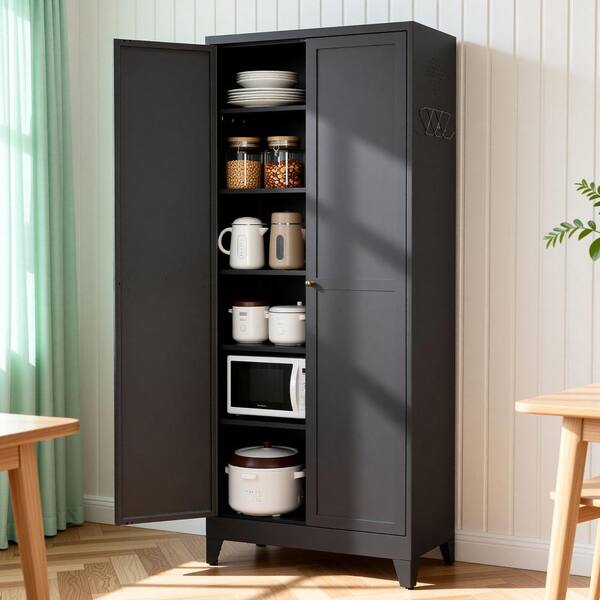 Black 75" H Metal Kitchen Pantry Cabinet with 5 Adjustable Shelves Accent Storage Cabinet w/Dishware in Kitchen, Pantry