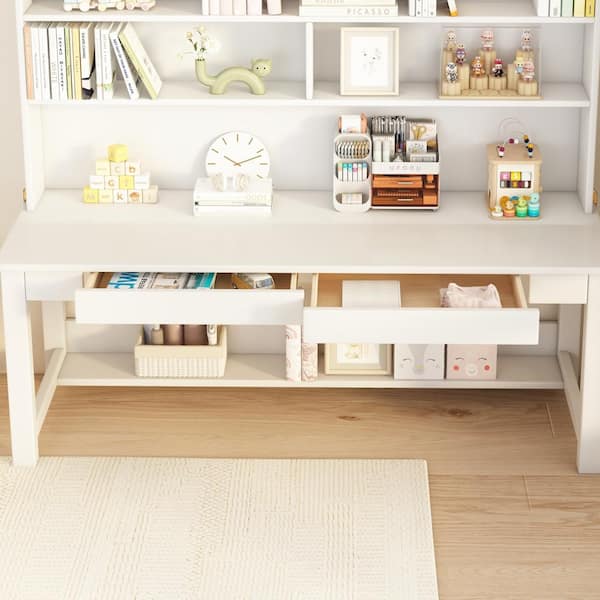 B BALANBO 63 in. W White Kids Study Desk with Hutch, Wooden