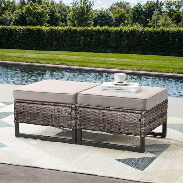 Gray Wicker Outdoor Ottoman with Beige Cushions (2-Pack)
