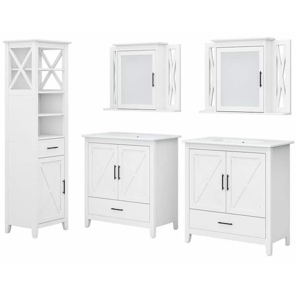 Bush Furniture Key West 31.89 in. W x 18.31 in. D x 34.06 in. H Double Sink Bath Vanity in White Ash with White Wood Top and Mirror
