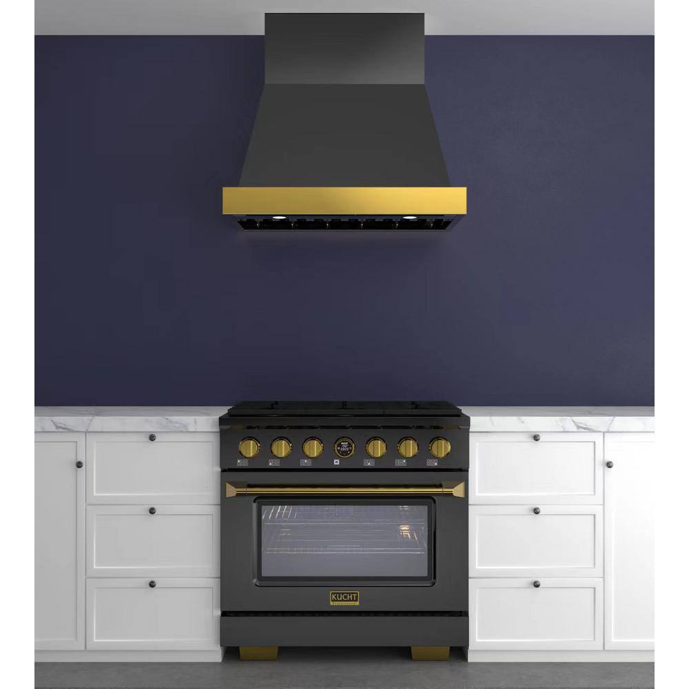 36" Titanium Stainless Steel Wall Mounted Range Hood with Gold Accents