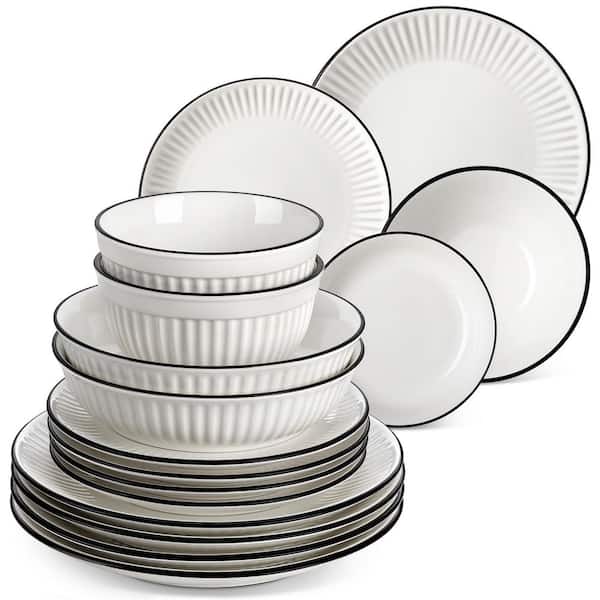 16-Piece White Color Black Trim Porcelain Dinnerware Set (Service for 4) Round Dining Set Bowls and Plates Set Tableware