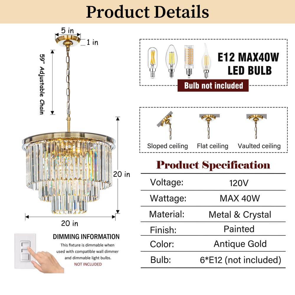Antique Gold 3-Tier Crystal Candle Chandelier with Geometric Frame