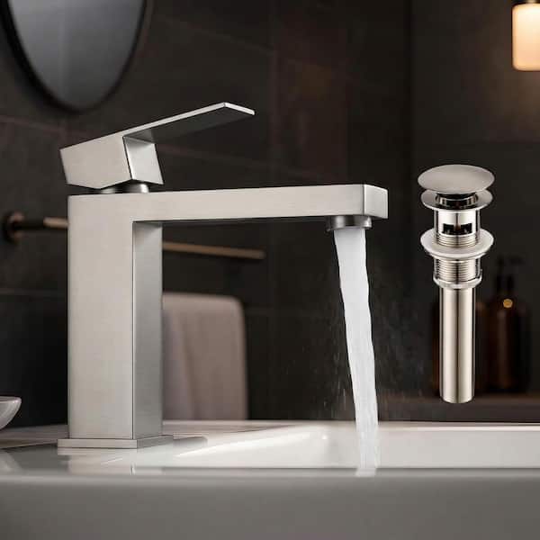 Basin Faucet Single Handle Single Hole Bathroom Faucet Splash-Free with Pop-Up Drain Set in Brushed Nickel