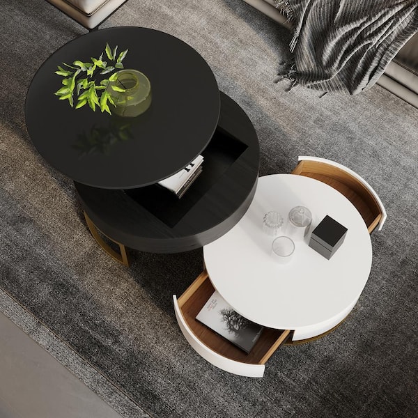 J&E Home 31.5 in. Black Round Lift-Wood Top Modern Nesting Coffee Table Set of 2