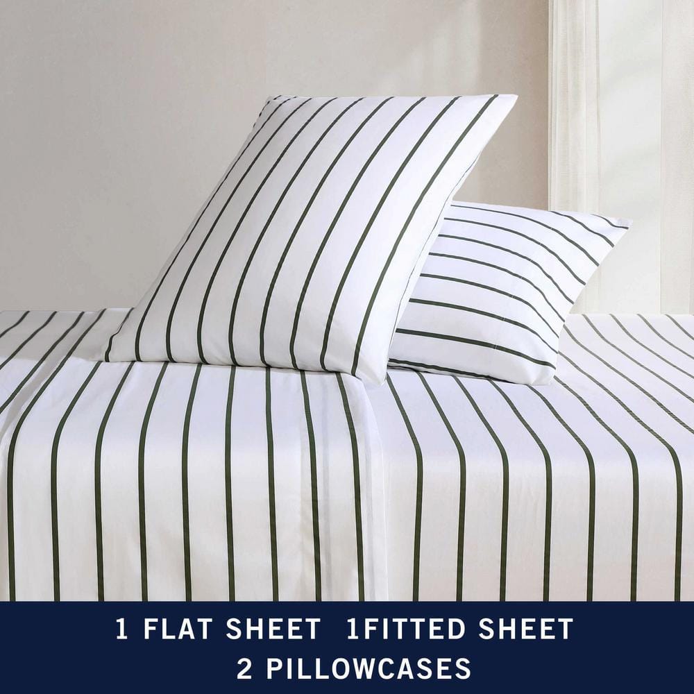 Queen Ivory and Fern Green Cotton Percale Sheet Set