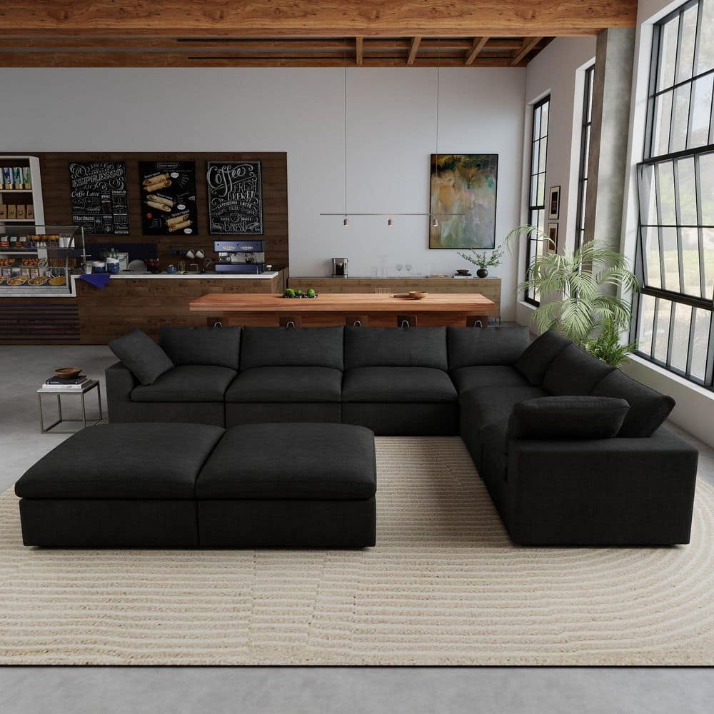 157.32 in. W Square Arm 8-Piece Linen Down Feather Modular Free Combination Sectional Sofa with Storage Ottoman in Black price history on PriceWatchPro