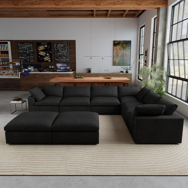 157.32 in. W Square Arm 8-Piece Linen Down Feather Modular Free Combination Sectional Sofa with Storage Ottoman in Black