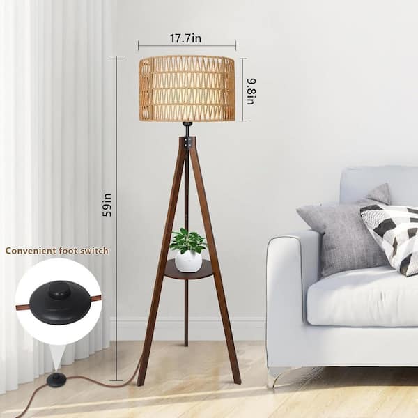 bessten Elaine 59 in. Brown Boho 1-Light Tripod Floor Lamp for