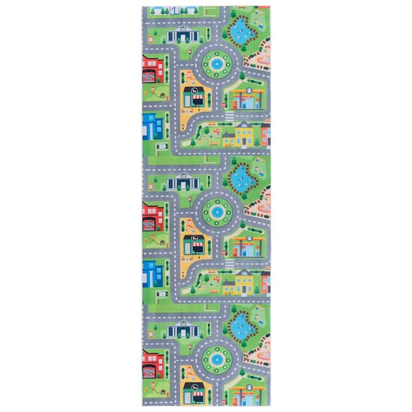 Tacoma Kids 3 ft. x 8 ft. Gray/Green Town Playground Runner Rug