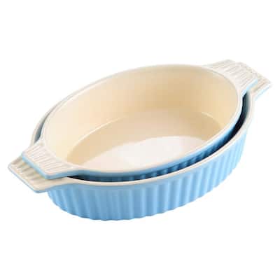2-Piece Blue Oval Porcelain Bakeware Set 12.75 in. and 14.5 in. Baking Dish