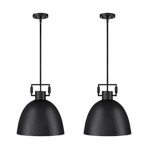2-Light Matte Black Shaded Hanging Ceiling Pendant Light with Metal Shade and Adjustable Cord for Kitchen (2-Set)