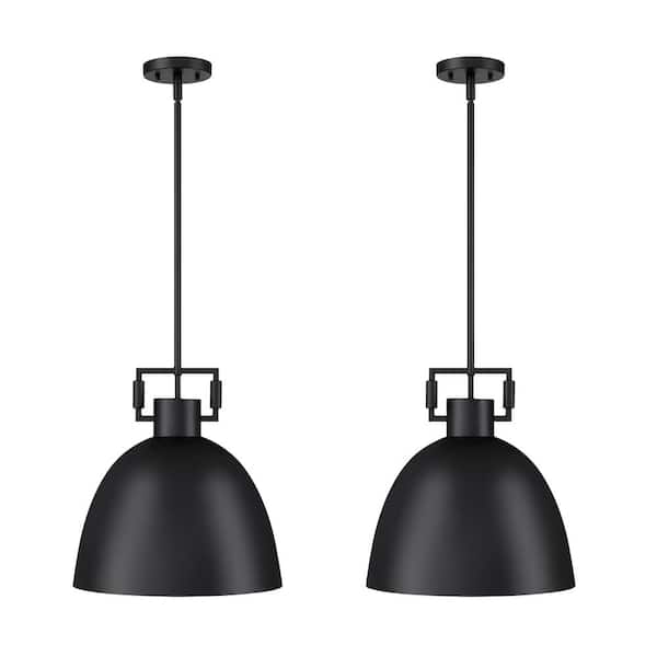Nathan James 2-Light Matte Black Shaded Hanging Ceiling Pendant Light with Metal Shade and Adjustable Cord for Kitchen (2-Set)