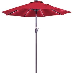 7 ft. Solar Powered 24 LED Lighted Patio Umbrella Table Market Umbrella, Beach Word Umbrella in Red