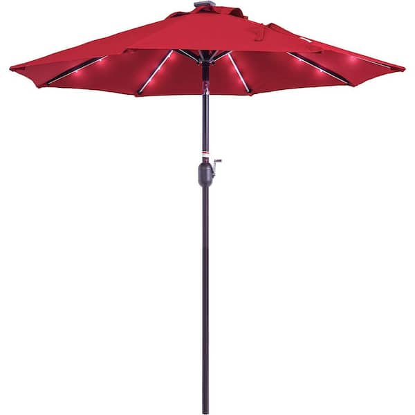 Dyiom 7 ft. Solar Powered 24 LED Lighted Patio Umbrella Table Market Umbrella, Beach Word Umbrella in Red