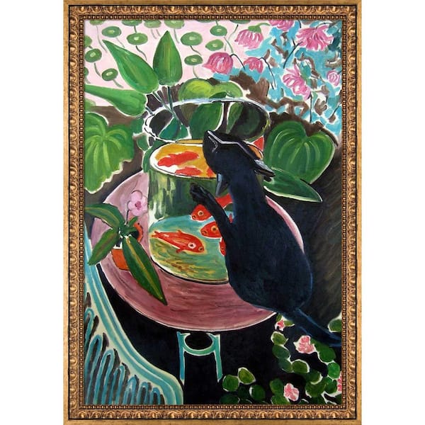 LA PASTICHE Cat with Fish Bowl by Originals Versailles Gold Framed Animal Oil Painting Art Print 27.5 in. x 39.5 in.