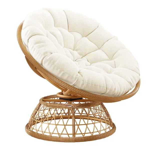 Brown Wicker Outdoor Lounge Chair with Beige Cushion