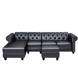 116" Chesterfield Sectional Sofa Set, PU Leather 4-Seat Living Room Set, L-Shape Couch in Home, with Storage Ottoman