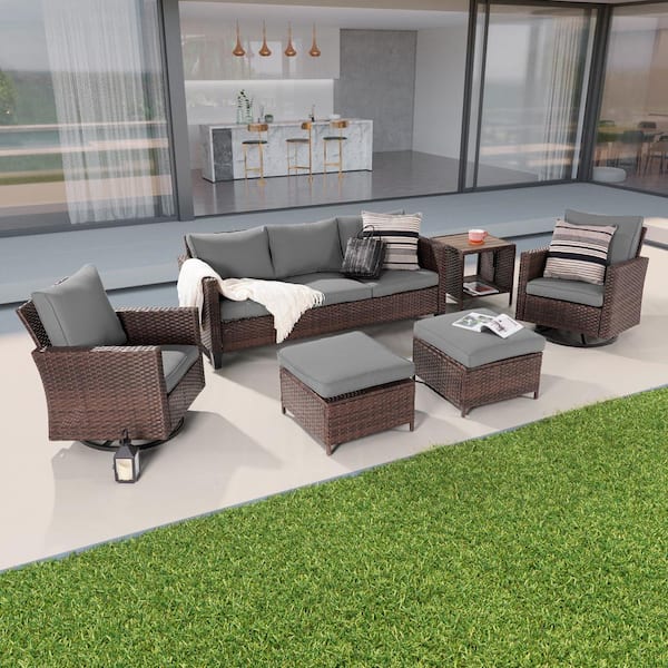 Sonkuki 6-Piece Patio Conversation Set Brown Wicker with Swivel Rocking Chair and Side Table, Gray