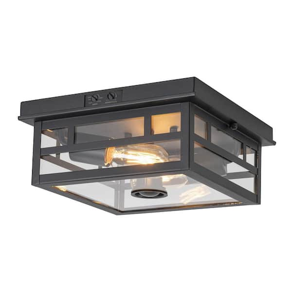 10.5 in. 2-Light Black Motion Sensing Non-Dimmable Outdoor No Bulb Included Flush Mount Ceiling Light (1-Pack)
