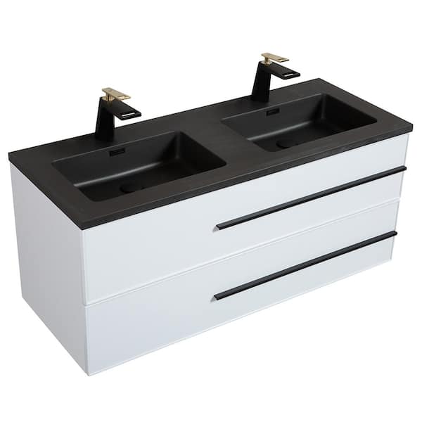 BATHLYN Metropolitan 47.2 in. W x 18.9 in. D x 20.7 in. H Double Sink Bath Vanity in Gloss White with Matt Black Resin Top