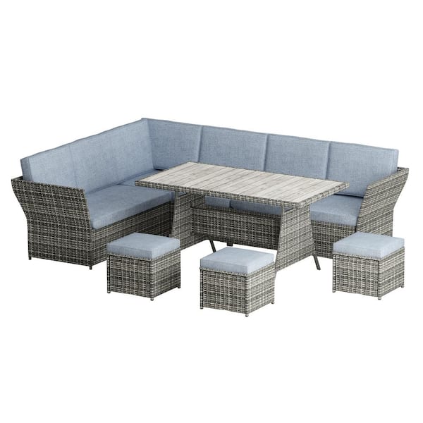 Fufu Gaga Grey 7 Piece Pe Wicker, Patio Furniture Sectional With Dining Table
