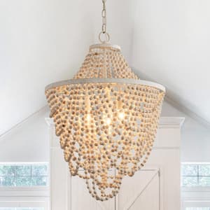 3-Light Farmhouse Wood Chandelier for Kitchen Island with Wood Beads