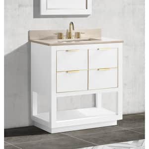 Allie 31 in. W x 22 in. D Bath Vanity in White with Gold Trim with Marble Vanity Top in Crema Marfil with White Basin