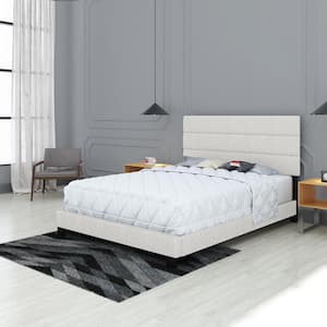Sicily Upholstered Linen Tri Panel Platform Bed Frame with Headboard, Queen, White
