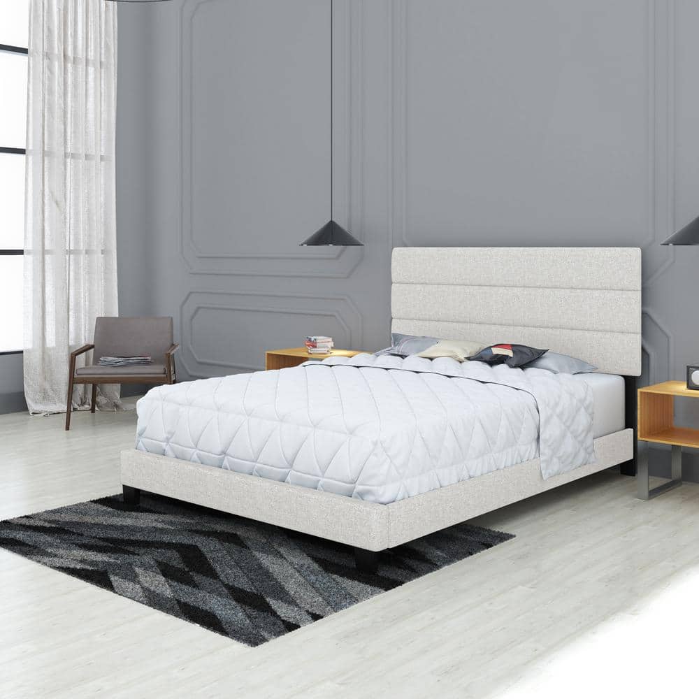 Sicily Upholstered Linen Tri Panel Platform Bed Frame with Headboard, Queen