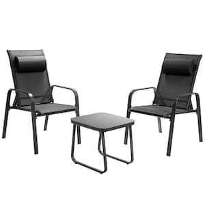 Black 3-Pieces Metal Square 16.5 in. Outdoor Bistro Set Adjustable Back Stackable Chairs