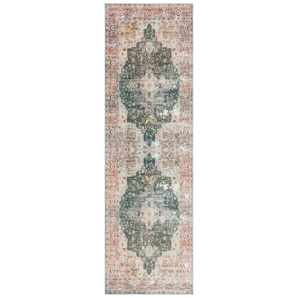 SAFAVIEH Arizona 3 ft. x 6 ft. Green/Light Brown Machine Washable Border Ornate Runner Rug
