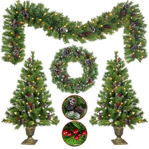 4 ft. Pre-Lit LED Artificial Christmas Tree, Garland, Wreath and Set of 2 Entrance Trees (4-Piece Set)