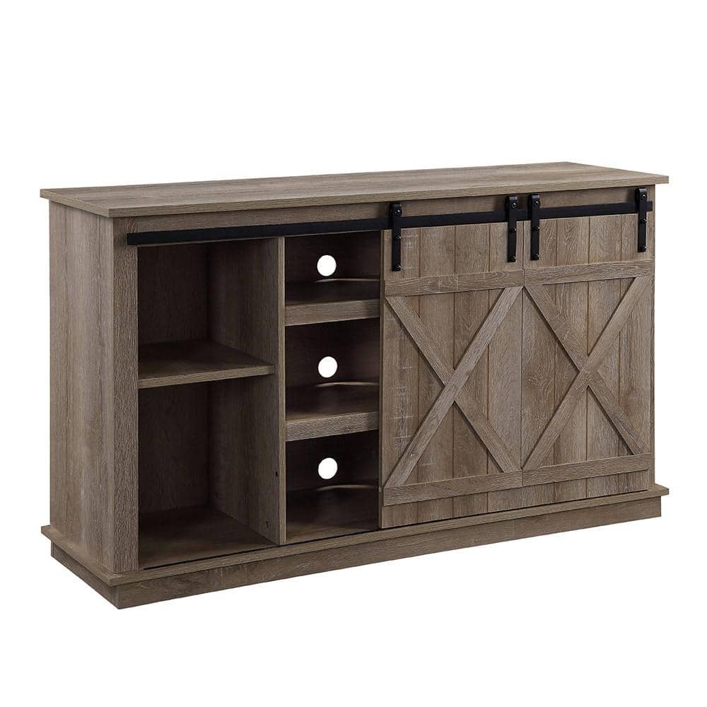 Rustic Oak Corner TV Stand with Sliding Barn Doors