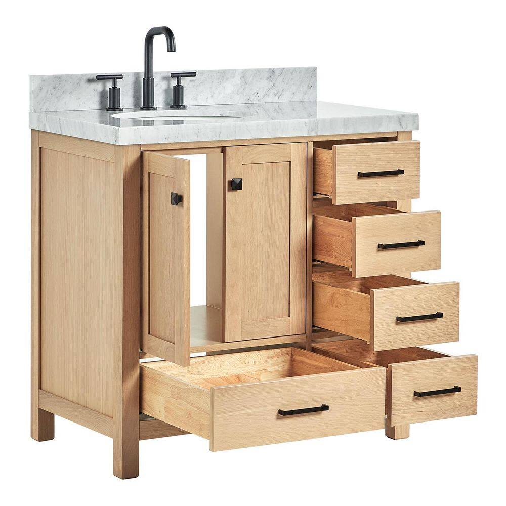 Oak Freestanding Vanity with Carrara Marble Top and Black Hardware